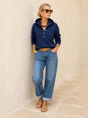 J.‎ Crew Navy Half Button-Front Hooded Cotton Sweatshirt XXS Nautical Nantucket